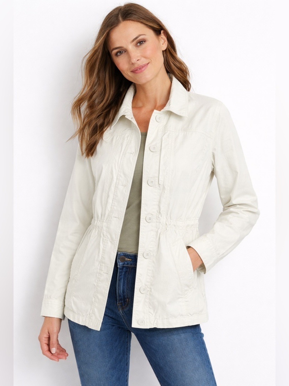 EDDIE BAUER Cream Utility Jacket with Elastic Waist & Collared Neckline/size PL
